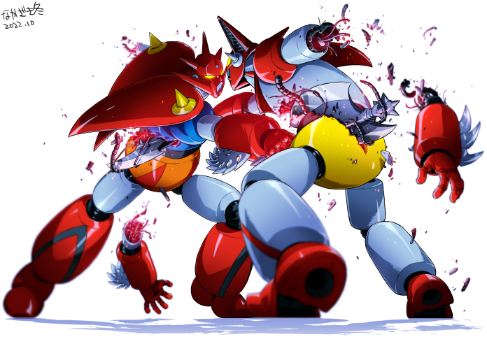axe cable damaged dated fighting getter-1 getter_dragon getter_robo getter_robo_(classic) getter_robo_g glowing glowing_eyes holding holding_axe mecha mecha_focus nakazaki_tou no_humans open_hand robot science_fiction severed_arm severed_limb shadow super_robot white_background yellow_eyes