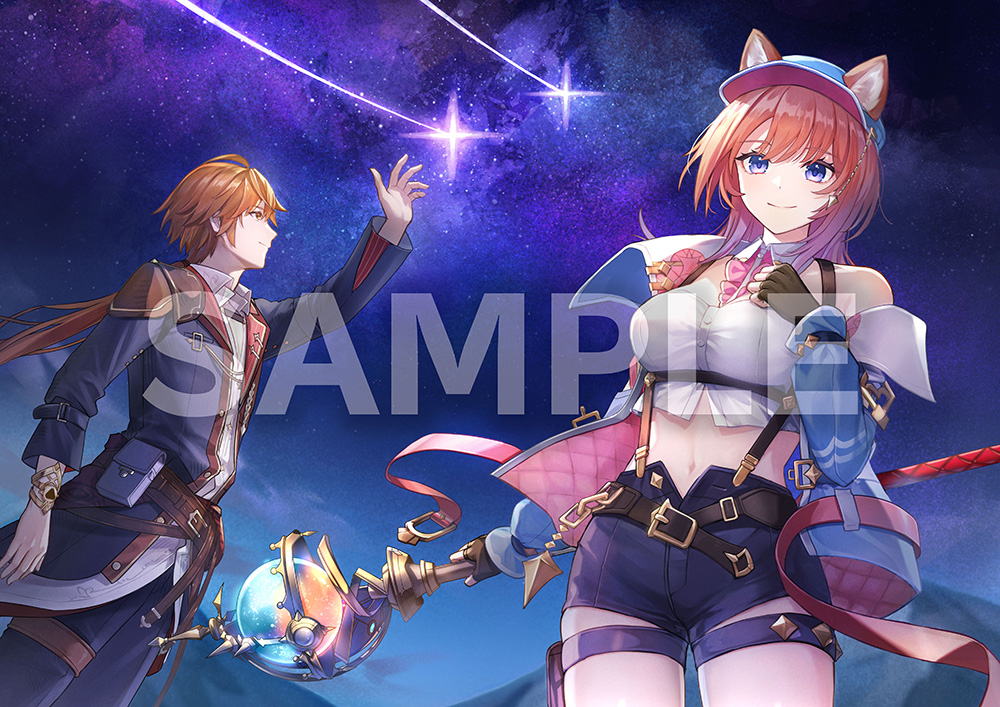 1boy 1girl animal_ears atelier_(series) atelier_resleriana atelier_resleriana:_the_red_alchemist_&amp;_the_white_guardian black_gloves blue_hat blue_jacket brown_hair cat_ears cat_girl crop_top fingerless_gloves gloves gradient_hair hat holding holding_staff jacket midriff multicolored_hair official_art ponytail purple_eyes red_hair rias_eidreise sample_watermark shooting_star shorts sky slade_clauslyter smile staff star_(sky) starry_sky watermark