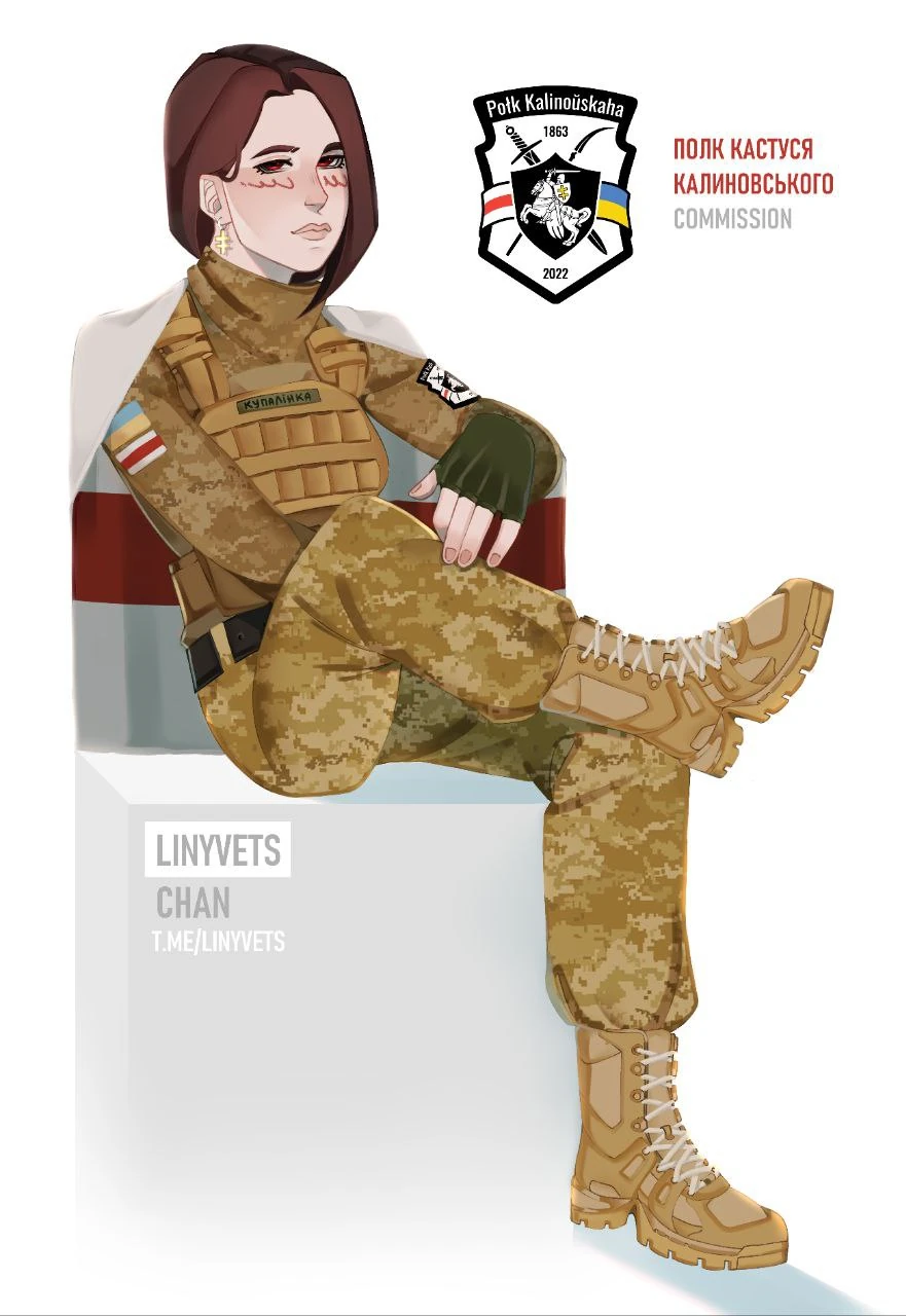 1girl arm_patch artist_name belarus belarusian_flag belt black_belt blush boots brown_footwear bulletproof_vest camouflage camouflage_jacket camouflage_pants cape combat_boots commission cross cross-laced_footwear cross_earrings cross_of_saint_euphrosyne crossed_legs cyrillic digital_camouflage earrings english_text expressionless fingerless_gloves flag flag_as_cape gloves hand_on_own_leg high_collar highres jacket jewelry kastus_kalinouski_regiment kupalinka linyvets_chan lips looking_at_viewer medium_hair military_combat_uniform military_patch military_uniform name_tag original pants patch russo-ukrainian_war signature simple_background single_earring sitting tactical_clothes ukraine ukrainian_flag ukrainian_text unit_patch white_background