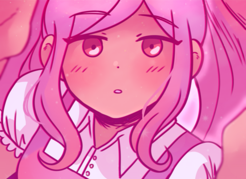 1girl blush commentary dark-skinned_female dark_skin dress english_commentary frilled_sleeves frills from_above imperfectheart light_particles long_hair looking_at_viewer no_sclera omori parted_lips perfectheart_(omori) pink_background pink_dress pink_hair pink_theme portrait puffy_short_sleeves puffy_sleeves red_eyes selfie shirt short_sleeves sidelocks simple_background sleeveless sleeveless_dress solo twintails white_shirt