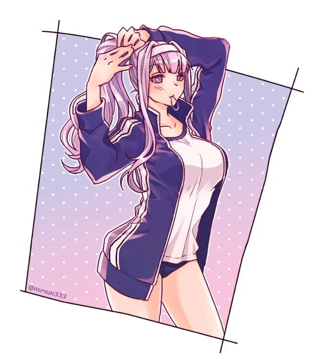 1girl adjusting_hair blazblue blazblue_remix_heart breasts buruma female_focus gym_uniform jacket kajun_faycott large_breasts matching_hair/eyes nunun polka_dot polka_dot_background purple_eyes purple_hair school_uniform solo track_jacket tying_hair