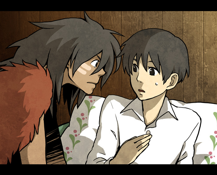 10s 2boys black_eyes black_hair brown_hair dark_skin dark-skinned_male facepaint facial_mark fur jealous karigurashi_no_arrietty letterboxed male_focus multiple_boys nervous pale_skin pillow shou_(karigurashi_no_arrietty) sitting spiller staring studio_ghibli sweatdrop upper_body zin610