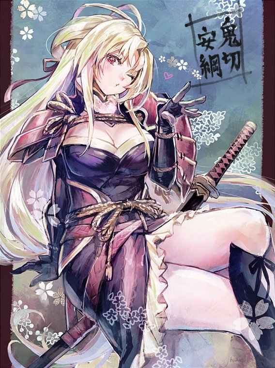 antenna_hair arm_support armor black_dress blonde_hair blowing_kiss crossed_legs dress floral_background frills fukube gold_trim hand_up japanese_armor katana knot long_hair one_eye_closed onikiri_yasutsuna red_eyes rope sheath sheathed shoulder_armor sitting spread_fingers sword tenka_hyakken weapon
