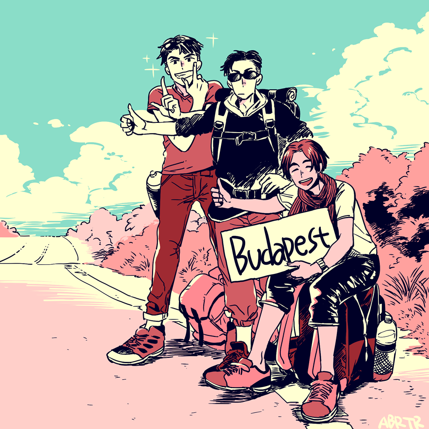 3boys ^_^ backpack bag black_hair bottle brown_hair closed_eyes day english_text closed_eyes grin hand_on_own_hip hitchhiking hood hoodie it&#039;s_j.j._style! jean-jacques_leroy leo_de_la_iglesia limited_palette male_focus multiple_boys open_mouth otabek_altin road scarf shoes sign sitting sky smile sneakers sparkle sunglasses thumbs_up water_bottle yukataro yuri!!!_on_ice