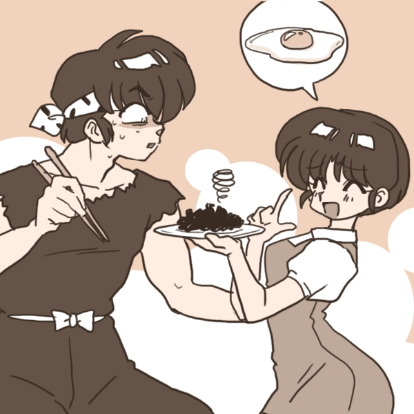 1boy 1girl ass breasts closed_eyes curvy egg_(food) food hibiki_ryouga holding holding_plate open_mouth plate ranma_1/2 short_hair tendou_akane wanta_(futoshi)