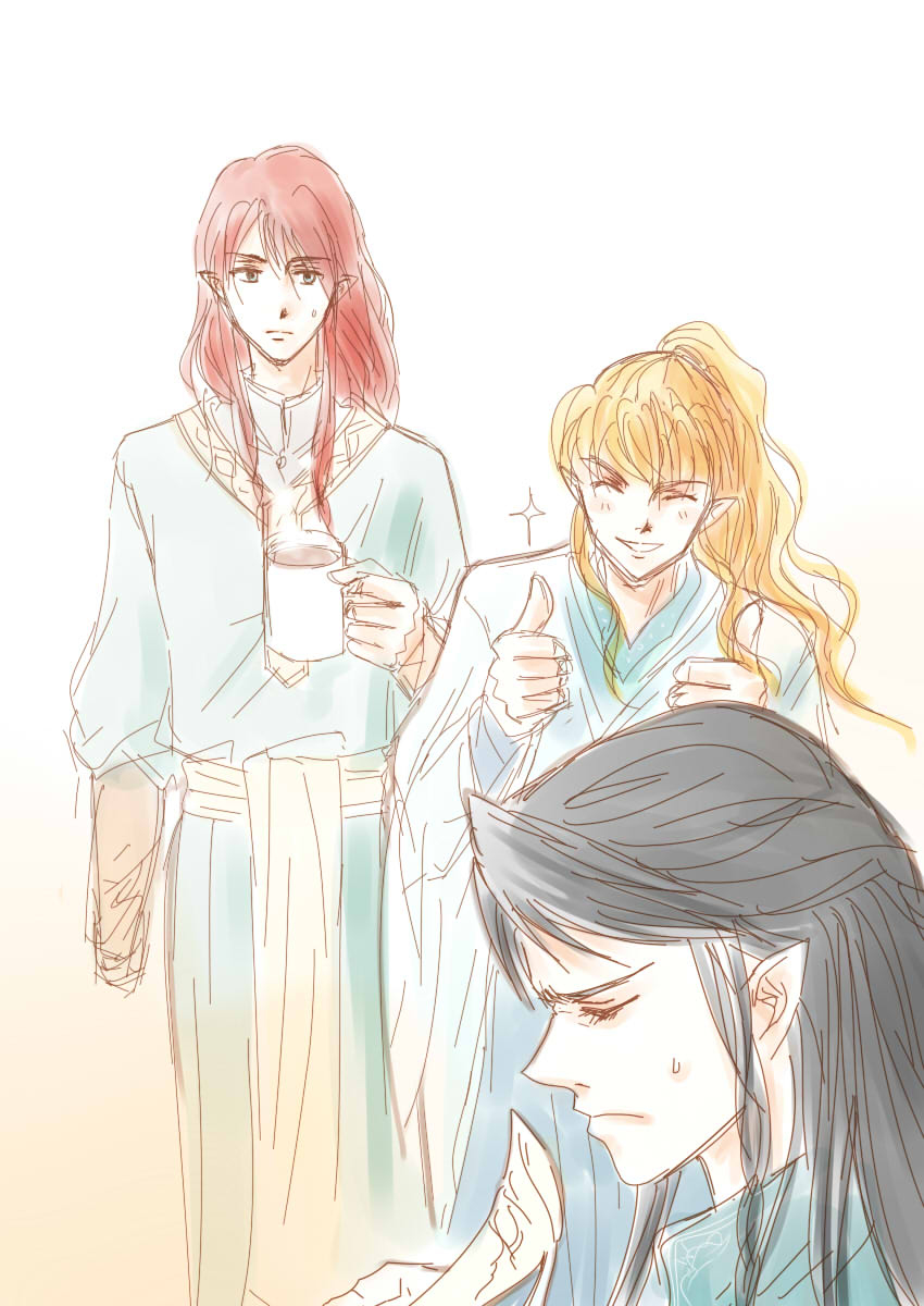 3boys amputee black_hair blonde_hair braid brothers celegorm closed_eyes coffee_mug cup elf highres holding holding_cup long_hair maedhros male_focus mintkim mug multiple_boys pointy_ears prince profile red_hair robe siblings simple_background standing sweat sweatdrop the_silmarillion thumbs_up tolkien&#039;s_legendarium