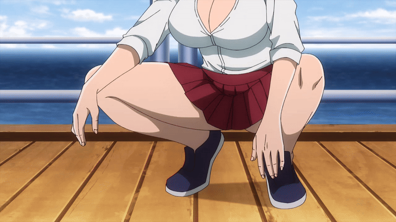 1girl 2025 20s animated animated_gif blonde_hair blue_sky boat breasts brown_eyes cloud eyeshadow full_body huge_breasts kneeling large_breasts makeup ocean partially_open_shirt red_skirt sazanami_kuina school_uniform shirt shoes short_hair skirt sky solo sport_shoes tagme thighs tougen_anki watercraft white_shirt yellow_eyes