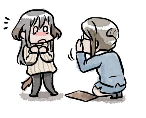 2girls ^^^ aged_down animal_ears blush brown_hair dog_ears dog_tail elizabeth_f._beurling envelope formal_clothes glasses hair_up hakkinen hands_on_own_face holding kneeling lowres military military_uniform mukiki multiple_girls open_mouth pantyhose paper papers ribbed_sweater scared short_hair simple_background skirt strike_witches strike_witches:_suomus_misfits_squadron suit sweater tail tears trembling walking_backwards white_background wide-eyed world_witches_series