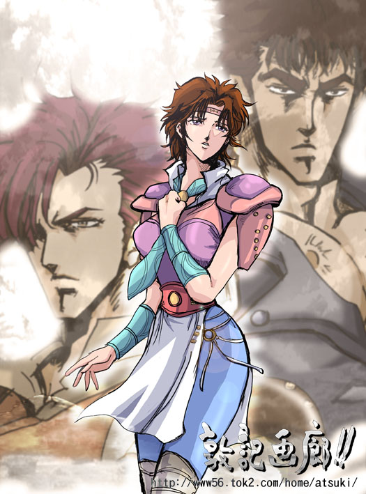 1girl 2boys bat_(hokuto_no_ken) belt black_hair brown_hair burt collarbone cowboy_shot expressionless hair_over_one_eye hand_on_own_chest hokuto_no_ken hokuto_no_ken_2 kenshiro lin_(hokuto_no_ken) loincloth looking_at_viewer multiple_boys muscular pink_hair short_hair shoulder_pads standing tattoo