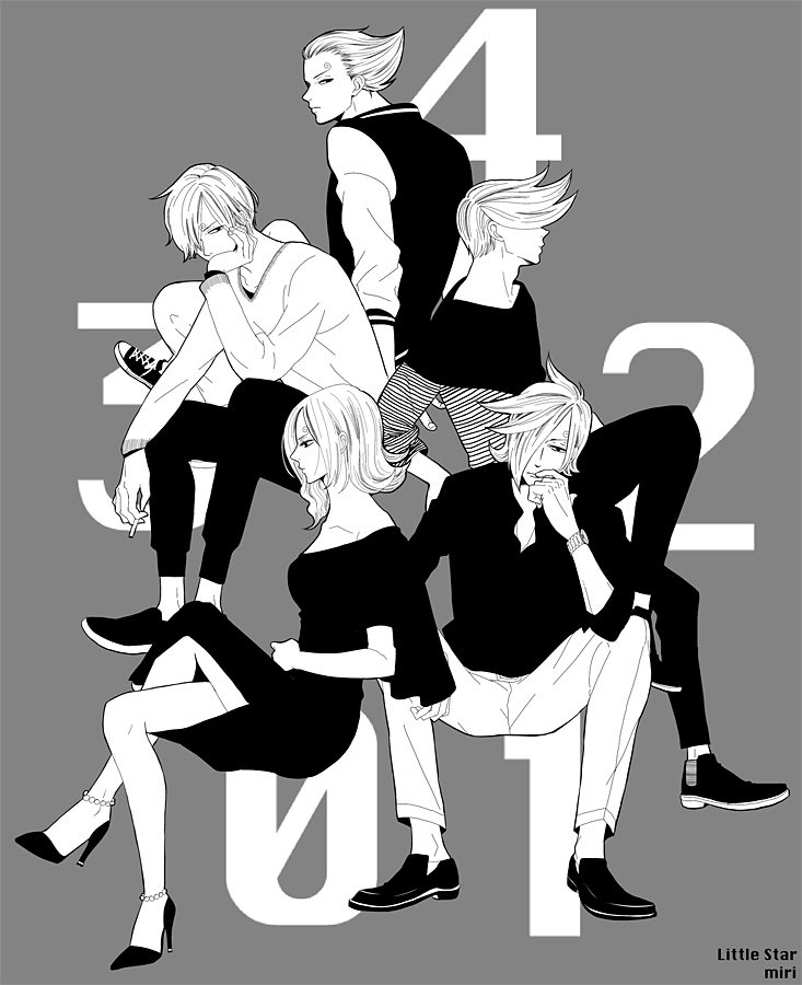1girl 4boys brother_and_sister cigarette crossed_legs curly_eyebrows dress greyscale hair_over_one_eye hand_on_own_chin high_heels holding holding_cigarette looking_at_viewer miri_(xxxmirink) monochrome multiple_boys numbered one_piece profile shirt short_hair siblings simple_background vinsmoke_ichiji vinsmoke_niji vinsmoke_reiju vinsmoke_yonji