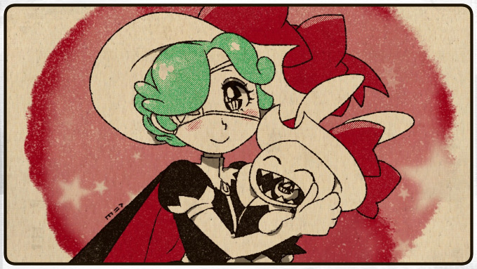 1girl alternate_costume alternate_hairstyle annie_(skullgirls) blush cape carrying cavalier_hat cosplay eyepatch green_hair hat holding hug juliet_sleeves long_sleeves minawa108 open_mouth princess_sapphire princess_sapphire_(cosplay) puffy_sleeves ribbon_no_kishi sagan_(skullgirls) sharp_teeth skullgirls smile solo stuffed_toy teeth upper_body