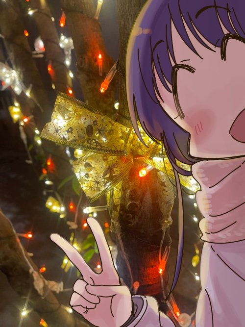 1girl :d ^_^ blush christmas christmas_lights closed_eyes commentary_request hinata_yukari jacket long_hair long_sleeves mikami_komata open_mouth photo_background purple_hair red_scarf scarf selfie sidelocks smile solo tree upper_body v white_jacket yuyushiki