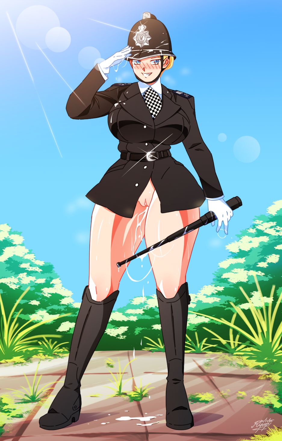 1girl baton_(weapon) belt black_belt black_footwear black_tunic blonde_hair blue_eyes blue_sky blush boots breasts bush checkered_necktie chin_strap commission commissioner_upload cum cum_on_body cum_on_clothes cum_on_floor cum_on_gloves cum_on_headwear cum_on_legs cumdrip custodian_helmet epaulettes facing_viewer glint gloves grass hair_bun hat helmet highres holding holding_weapon large_breasts lens_flare necktie no_pants nude open_mouth original police police_hat police_uniform policewoman portrait pussy riding_boots rinvakk salute shirt short_hair sky smile sunlight sweat thick_thighs thighs tunic united_kingdom venus_symbol weapon white_gloves white_shirt