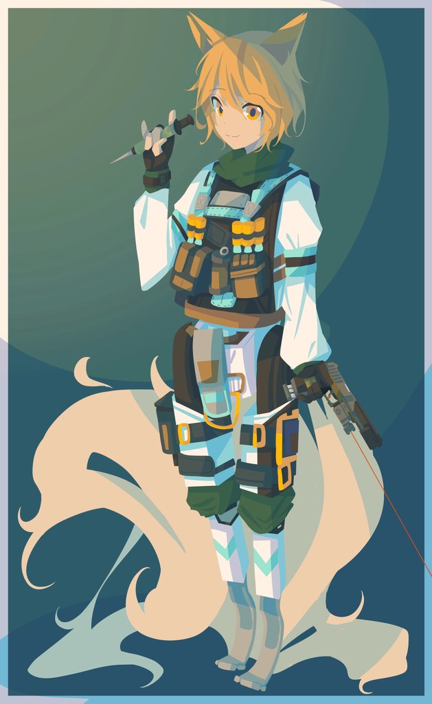 1girl alternate_costume animal_ears blonde_hair brown_gloves combat_medic fox_ears fox_girl fox_tail gloves gun hair_between_eyes handgun holding holding_gun holding_weapon kudamaki_tsukasa laser_sight long_sleeves looking_at_viewer mechanical_legs pilot_(titanfall_2) pouch prosthesis prosthetic_leg running_blades shirt simple_background smile solo stim_pilot_(titanfall_2) svenojilasity syringe tactical_clothes tail titanfall_(series) titanfall_2 touhou vest weapon white_shirt yellow_eyes
