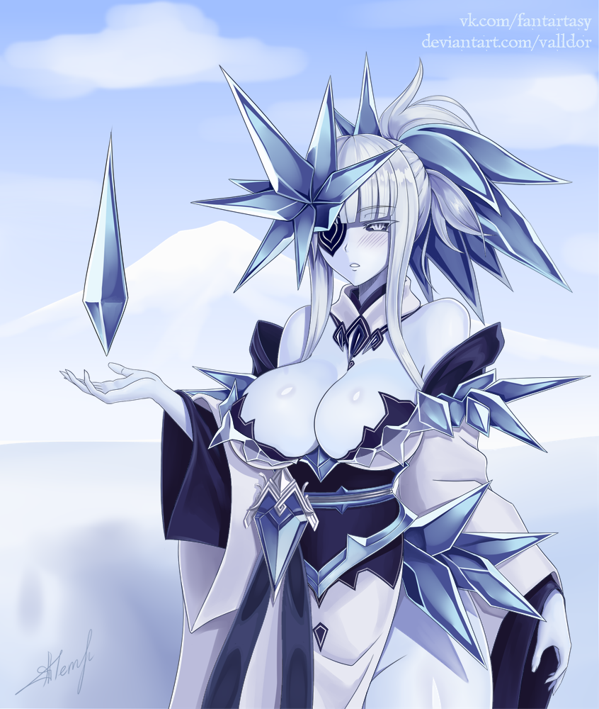 1girl artist_name black_sclera blue_skin blush breasts cleavage colored_sclera colored_skin deviantart_username expressionless eyepatch female_focus japanese_clothes kimono large_breasts long_sleeves looking_at_viewer monster_girl monster_girl_encyclopedia parted_lips signature solo tsurara_onna_(monster_girl_encyclopedia) valldor vkontakte_username watermark web_address white_eyes