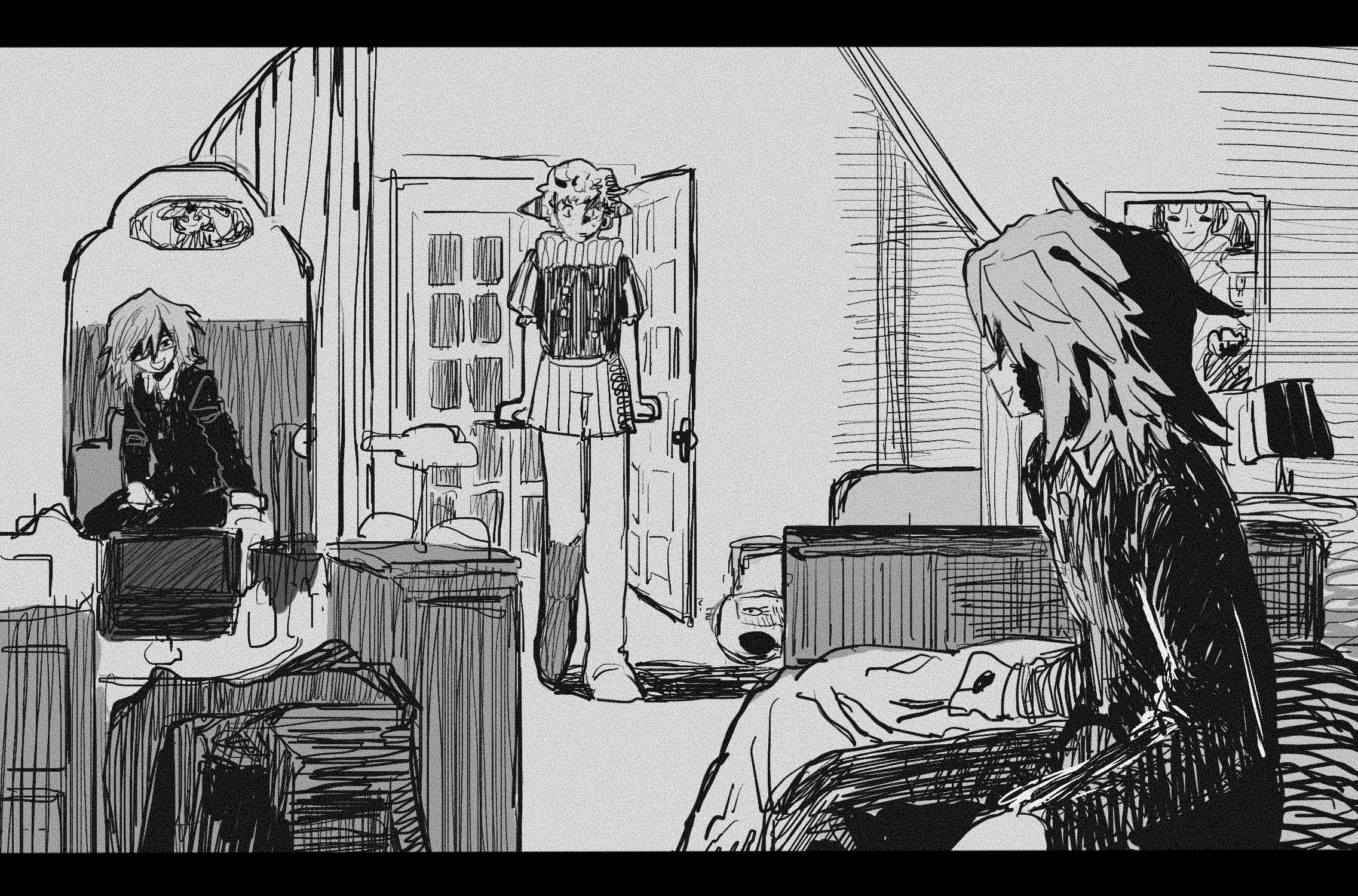 2boys clown commentary_request glasses greyscale highres indoors letterboxed luther_von_ivory male_focus monochrome multiple_boys nyen_(randal&#039;s_friends) on_bed randal&#039;s_friends randal_ivory sebastian_de_tomato_smith_chicken_legs short_hair sitting tami_tome_mo