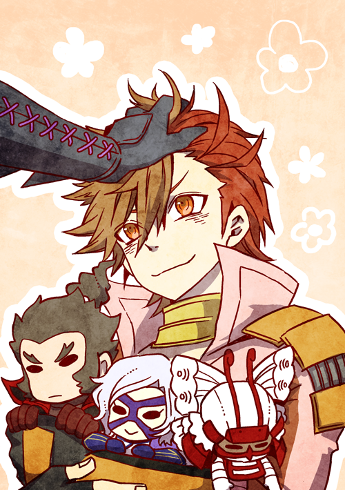 2boys brown_hair flower_symbol ha0810 headpat ishida_mitsunari_(sengoku_basara) male_focus multicolored_hair multiple_boys ootani_yoshitsugu_(sengoku_basara) orange_background orange_eyes out_of_frame portrait red_hair sengoku_basara shima_sakon_(sengoku_basara) short_hair smile solo_focus split-color_hair stuffed_toy takenaka_hanbee_(sengoku_basara) toyotomi_hideyoshi_(sengoku_basara) two-tone_hair v-shaped_eyebrows