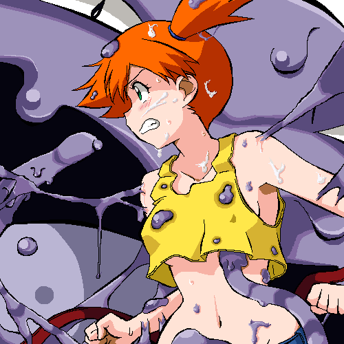 1girl angry blush breasts cum gen_1_pokemon gomatarou_(pixiv196136) imminent_rape lowres midriff misty_(pokemon) molestation muk navel nintendo no_bra pokemon pokemon_(anime) pokemon_(creature) sideboob slime tentacles underboob