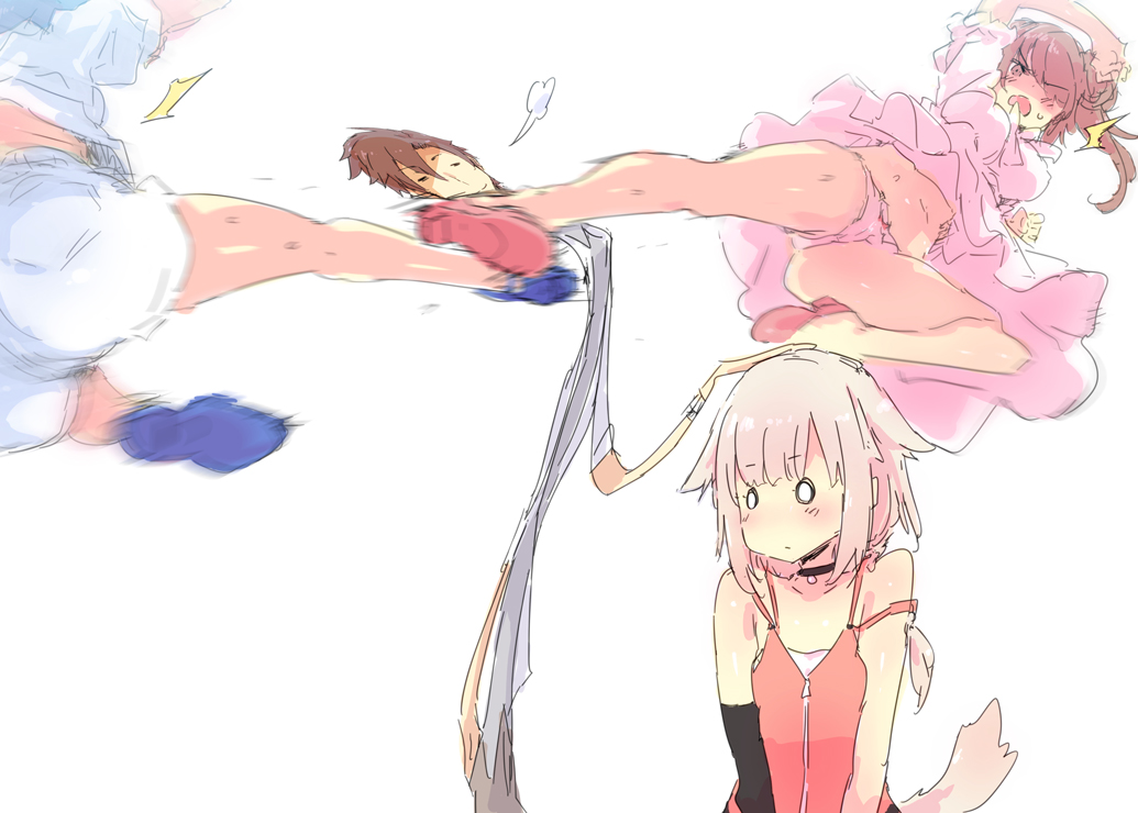 1boy 3girls =_= arm_up ass blazer blonde_hair blue_footwear blush breasts brown_eyes brown_hair brown_pants cameltoe camisole cevio closed_mouth collar collared_shirt commentary_request dodging dress elbow_gloves flying_kick gloves gradient_background green_background grey_shirt hair_flaps hand_up headpat high_heels jacket kicking large_breasts low_ponytail midair motion_blur motion_lines multiple_girls o_o one_(cevio) open_clothes open_jacket orange_camisole panties pants pantyshot petenshi_(dr._vermilion) pink_dress pink_panties pink_shoes ponytail puff_of_air puffy_short_sleeves puffy_sleeves satou_sasara shaded_face shirt shoes short_shorts short_sleeves shorts side_ponytail single_elbow_glove sleeves_rolled_up smile spaghetti_strap stomach surprised suzuki_tsudumi tail takahashi_amato underwear upskirt v-shaped_eyebrows v_arms white_background white_jacket white_shirt white_shorts