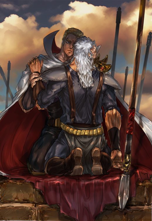 2boys belt blonde_hair blue_eyes cape cloud cloudy_sky hand_on_another&#039;s_head hand_on_another&#039;s_shoulder hokuto_no_ken holding_own_arm kneeling long_hair male_focus mozu_suka multiple_boys polearm short_hair shoulder_pads shu_(hokuto_no_ken) silver_hair sky souther spear suspenders weapon white_cape