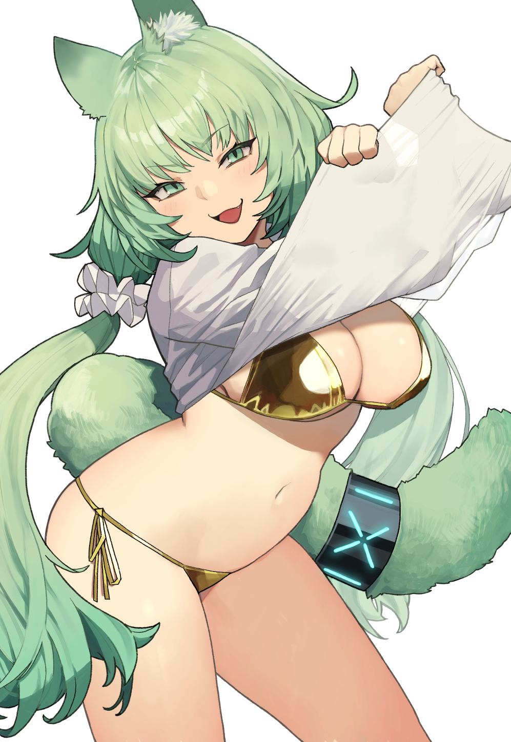 02_(0203rei_ni) 1girl :d animal_ear_fluff animal_ears arknights bikini breasts cleavage clothes_lift commentary_request contrapposto cowboy_shot gold_bikini golden_week golden_week_bikini green_eyes green_hair green_tail harmonie_(arknights) highres infection_monitor_(arknights) large_breasts lifting_own_clothes long_hair navel open_mouth shirt shirt_lift side-tie_bikini_bottom simple_background smile solo standing swimsuit tail tail_ornament undressing white_background white_shirt yellow_bikini