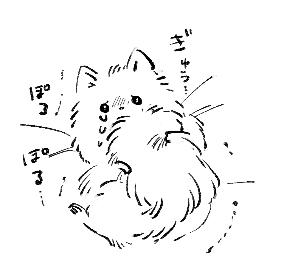animal animal_focus bed_sheet dog greyscale looking_at_viewer mito_(go!go!king!) monochrome no_humans original pomeranian_(dog) tears translation_request trembling white_background