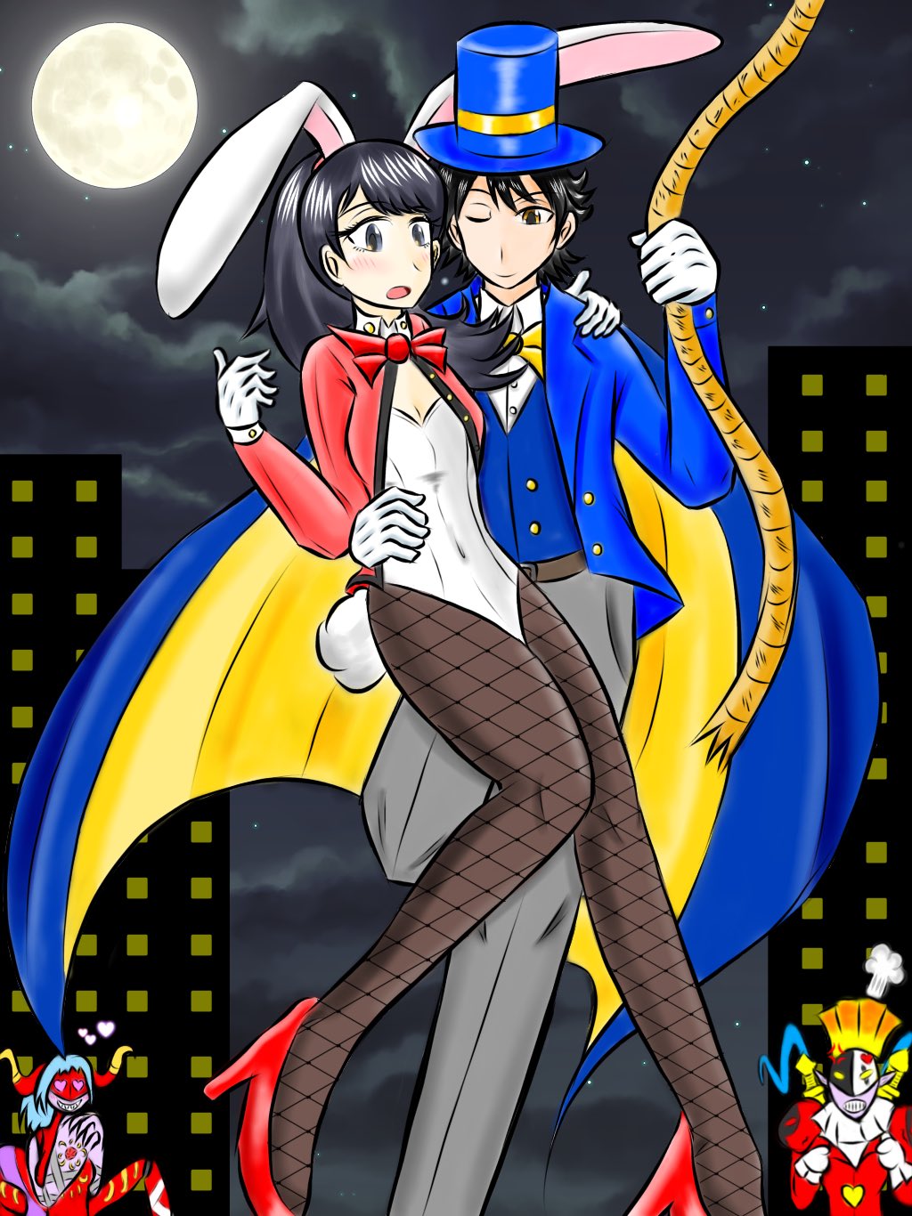 archnemon couple digimon full_moon hat highres leotard momotsuka_takuma moon night night_sky piemon playboy_bunny shibuya_aoi sky