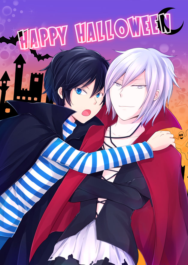 10s 2boys arm_on_another&#039;s_shoulder bad_id bad_pixiv_id bat_(animal) black_hair blue_eyes cape crescent_moon crossed_arms devil_survivor_(series) devil_survivor_2 ghost grey_eyes halloween houtsuin_yamato kuze_hibiki male_focus moon multiple_boys protagonist_(devil_survivor_2) short_hair silver_hair striped tiare2525