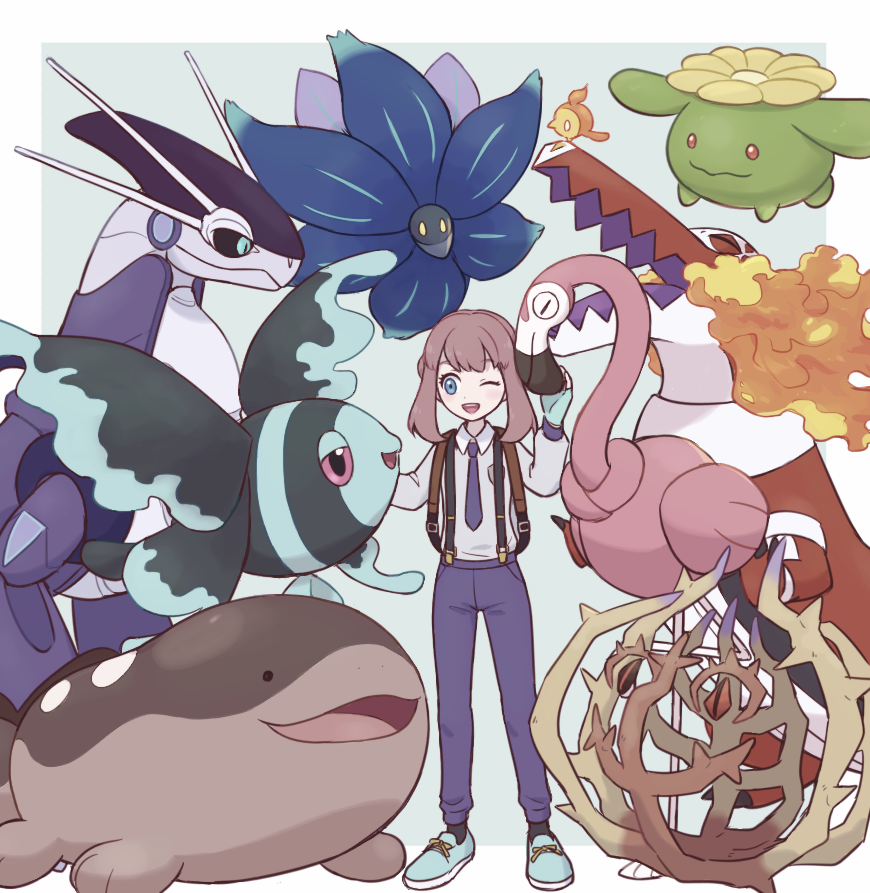 1girl 35yado ;d blue_eyes blue_footwear blue_gloves brambleghast brown_hair clodsire collared_shirt fingerless_gloves fire_bird_(skeledirge) flamigo gen_2_pokemon gen_4_pokemon glimmora gloves juliana_(pokemon) legs_apart long_sleeves lumineon medium_hair miraidon necktie nintendo one_eye_closed open_mouth pants pokemon pokemon_(creature) pokemon_sv purple_necktie purple_pants school_uniform shirt shoes skeledirge skiploom smile standing suspenders teeth upper_teeth_only uva_academy_school_uniform white_shirt