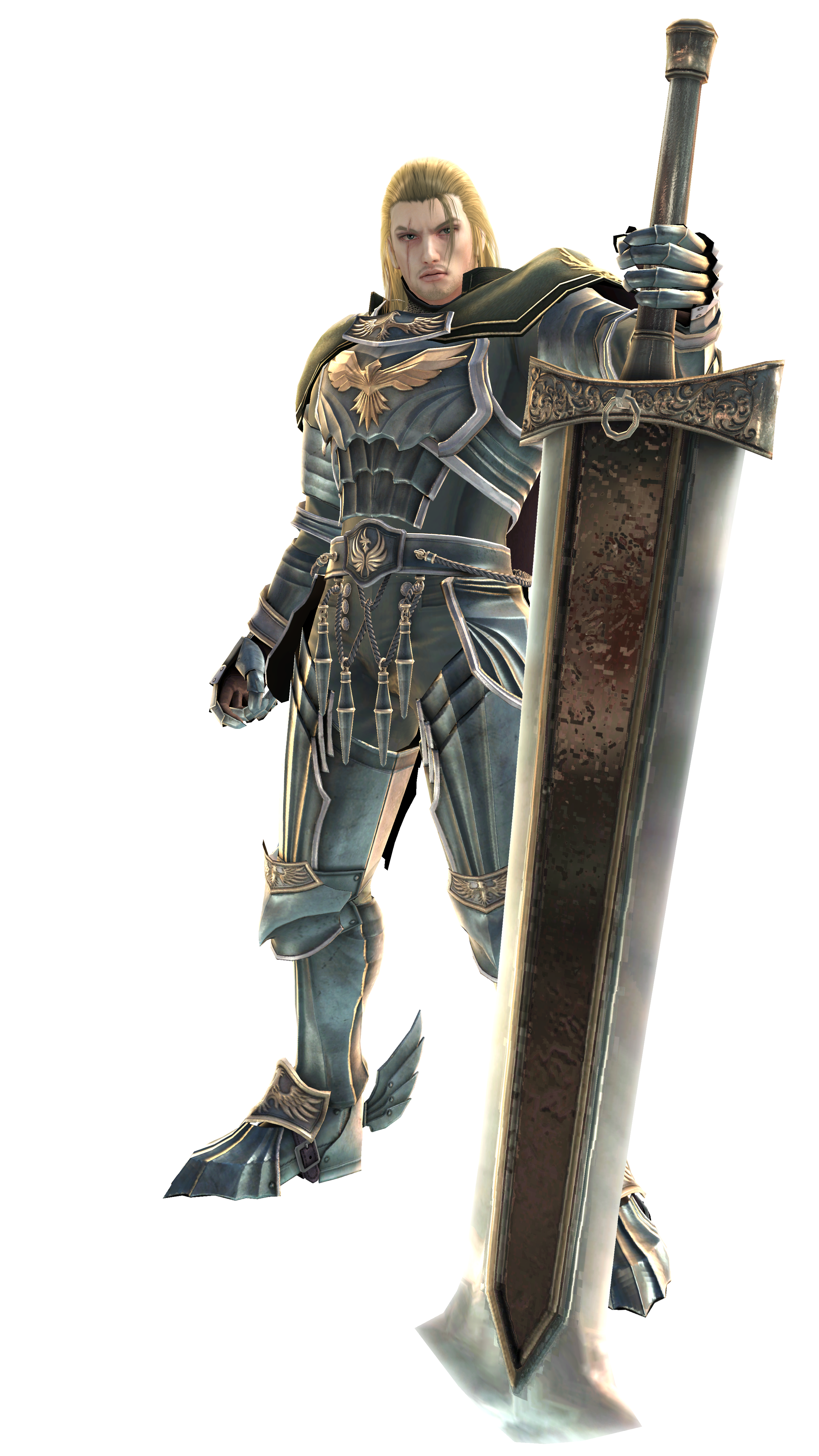 3d absurdres blonde_hair cape facial_hair greatsword green_eyes highres long_hair male_focus scar siegfried_schtauffen soul_calibur soulcalibur soulcalibur_v stubble sword weapon zweihander