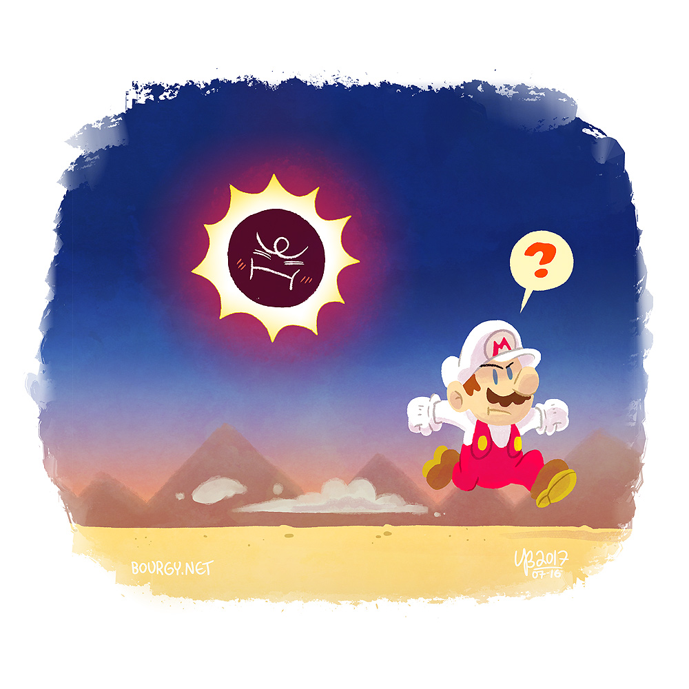 1boy ? angry angry_sun blue_eyes desert dust eclipse facial_hair fire_mario full_body gloves hat mario mario_(series) mustache nintendo pyramid_(structure) running solar_eclipse speech_bubble spoken_question_mark super_mario_bros._3 thebourgyman