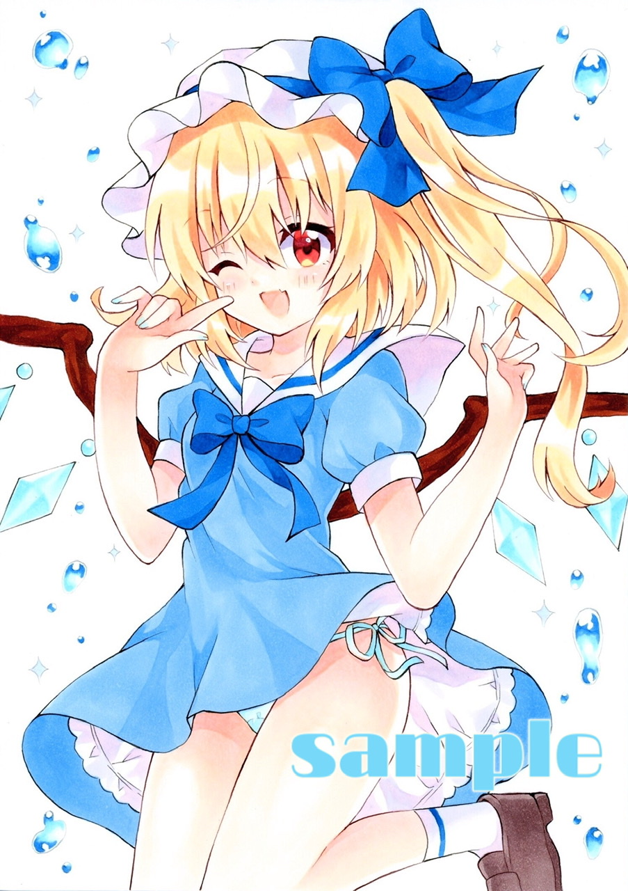 1girl blonde_hair blue_panties blue_ribbon cirno cirno_(cosplay) cosplay crystal_wings flandre_scarlet frills hat hat_ribbon highres marker_(medium) mob_cap one_eye_closed open_mouth panties pantyshot red_eyes ribbon side-tie_panties simple_background string_panties touhou traditional_media underwear white_background white_hat yuiki_(cube)