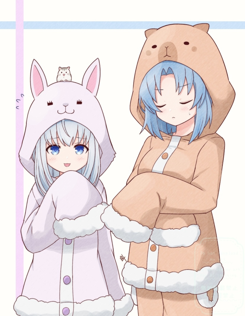 2girls adapted_costume animal animal_ears animal_hood animal_on_head arm_at_side artist_name assault_lily bear_hood blue_eyes blue_hair blush breasts buttons closed_eyes commentary_request cowboy_shot fake_animal_ears flying_sweatdrops fur-trimmed_pajamas fur-trimmed_sleeves fur_trim grey_hair hamster hamster_on_head hand_up hands_up hood hood_up inoguchi_minto long_hair long_sleeves makino_mitake medium_breasts multiple_girls on_head open_mouth orange_pajamas orange_pants pajamas pants parted_bangs pink_pajamas rabbit_ears rabbit_hood sleeves_past_fingers sleeves_past_wrists smile standing sweatdrop tsuboi_nanaho watermark white_background