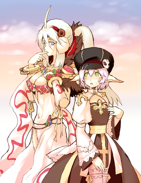 2girls ahoge arch_bishop_(ragnarok_online) blue_eyes blush breast_envy breasts brown_dress cleavage_cutout clothing_cutout commentary_request covered_navel cowboy_shot cross detached_sleeves dress finger_in_own_mouth flat_chest frilled_thighhighs frills fur_collar green_eyes hairband high_ponytail juliet_sleeves large_breasts long_hair long_sleeves looking_at_another multiple_girls open_mouth pink_hair pointy_ears ponytail puffy_sleeves ragnarok_online red_hairband sash short_hair sleeveless sleeveless_dress sorcerer_(ragnarok_online) thighhighs two-tone_dress white_dress white_hair white_sleeves white_thighhighs yellow_sash yukimushi