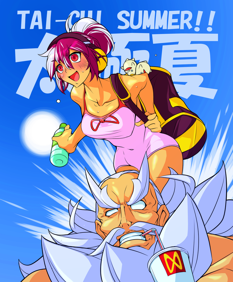 1boy 1girl bag balding beard blue_sky blush bottle brand_name_imitation breasts charm_(object) collarbone covered_navel duffel_bag facial_hair guilty_gear guilty_gear_xrd hair_between_eyes hair_bun kum_haehyun kum_jonryoku mcdonald&#039;s medium_breasts mustache no_pupils old old_man one-piece_swimsuit pink_one-piece_swimsuit purple_hair red_eyes short_hair single_hair_bun sky summer swimsuit thick_eyebrows water_bottle yoshitsuki