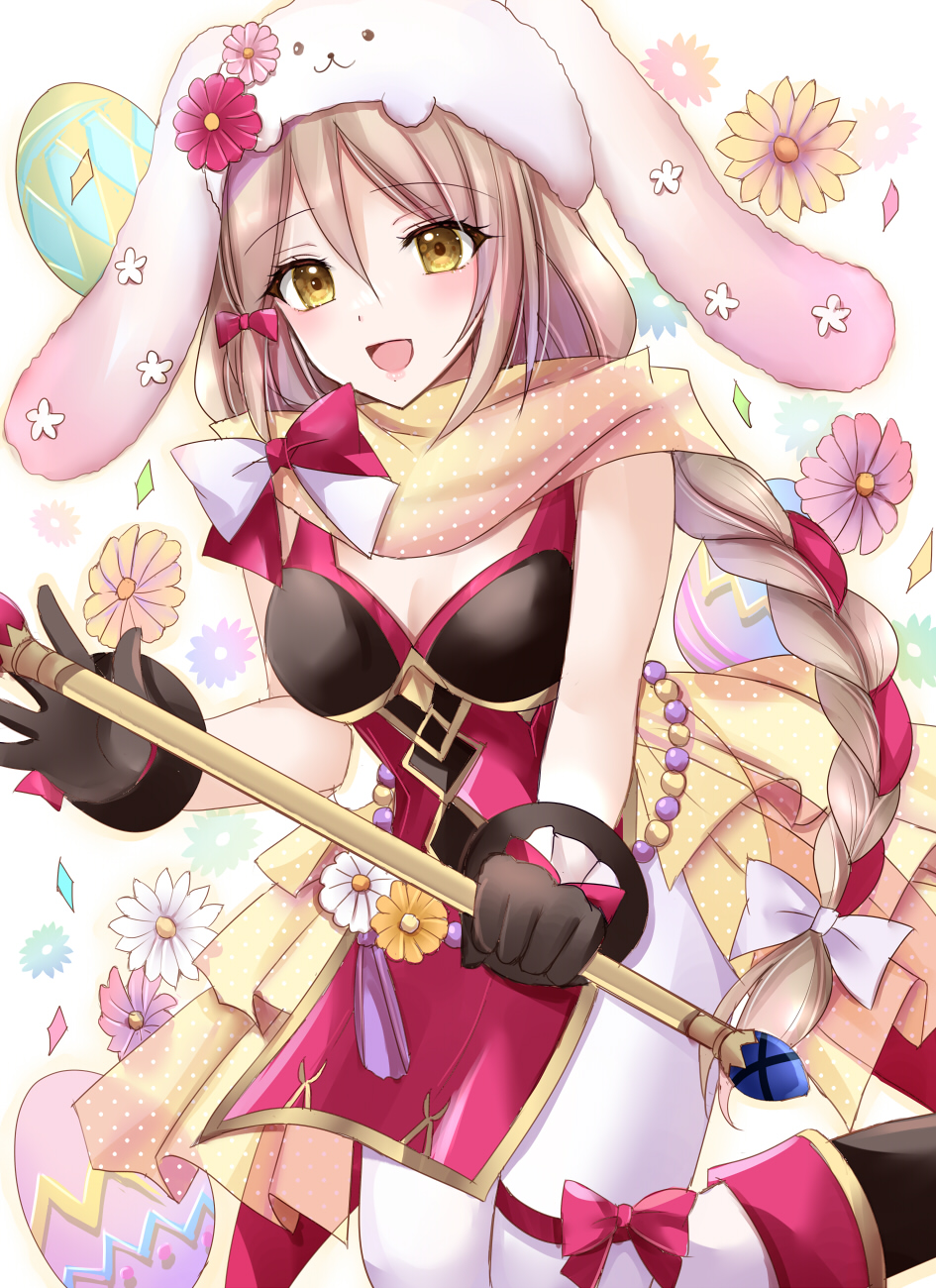 1girl animal_hat blonde_hair braid braided_ponytail brown_gloves easter easter_egg egg expressive_clothes fire_emblem fire_emblem_engage fire_emblem_heroes flower_ornament framme_(fire_emblem) framme_(spring)_(fire_emblem) gloves hair_over_shoulder hat highres kirishima_riona nintendo official_alternate_costume pantyhose pelvic_curtain polka_dot polka_dot_scarf rabbit_hat scarf solo white_pantyhose yellow_eyes yellow_scarf