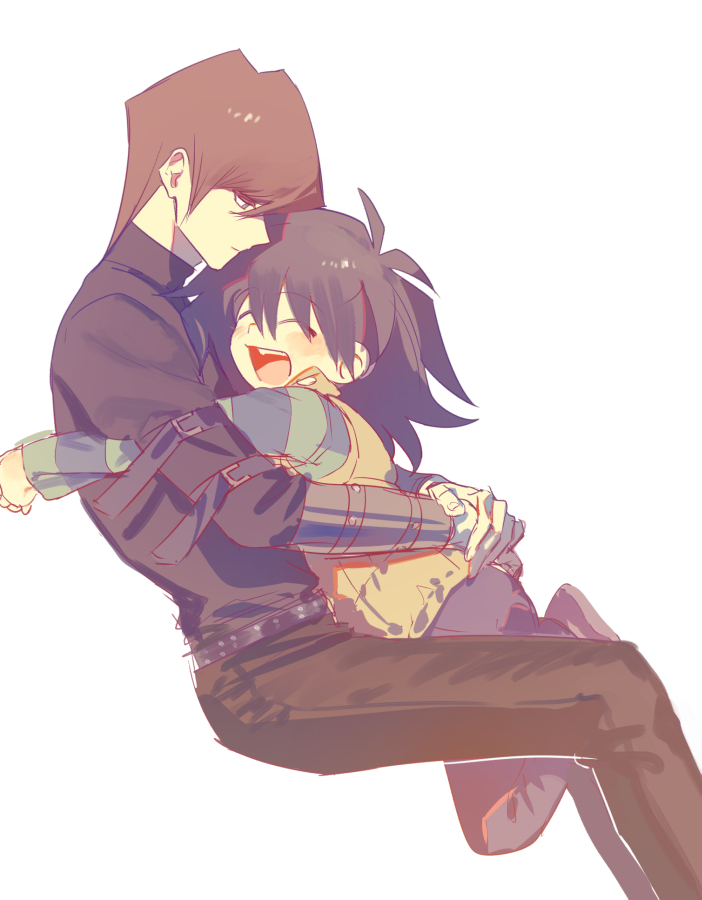 2boys black_hair black_shirt blue_eyes blue_shirt brothers brown_hair closed_eyes hug invisible_chair kaiba_mokuba kaiba_seto male_focus medium_hair moemoenomori multiple_boys shirt siblings simple_background sitting vest white_background yellow_vest yu-gi-oh! yu-gi-oh!_duel_monsters