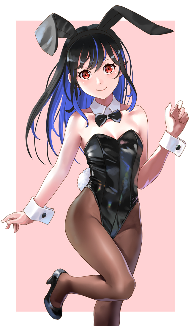 1girl animal_ears black_bow black_bowtie black_footwear black_hair black_leotard blue_hair bow bowtie brown_eyes brown_pantyhose colored_inner_hair commentary_request detached_collar high_heels katahira_masashi leotard looking_at_viewer multicolored_hair original pantyhose playboy_bunny rabbit_ears rabbit_tail smile solo standing standing_on_one_leg strapless strapless_leotard streaked_hair tail wrist_cuffs