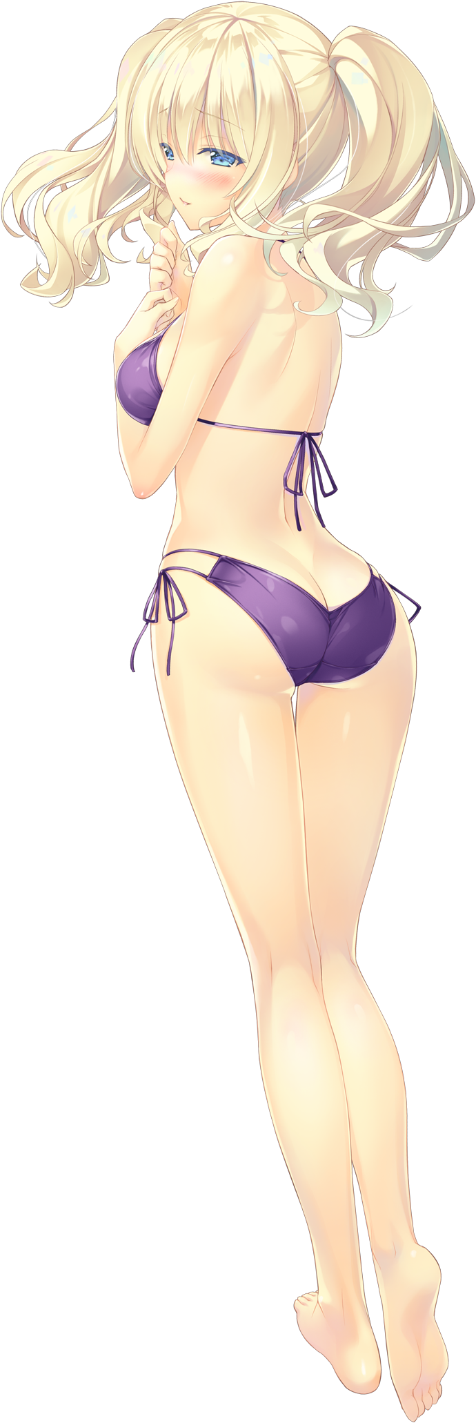 1girl ashishun ass barefoot bikini blonde_hair blue_eyes blush butt_crack female_focus full_body highres long_hair looking_back official_art ouchi_ni_kaeru_made_ga_mashimaro_desu purple_bikini raiha_raikkonen side-tie_bikini_bottom solo swimsuit transparent_background twintails