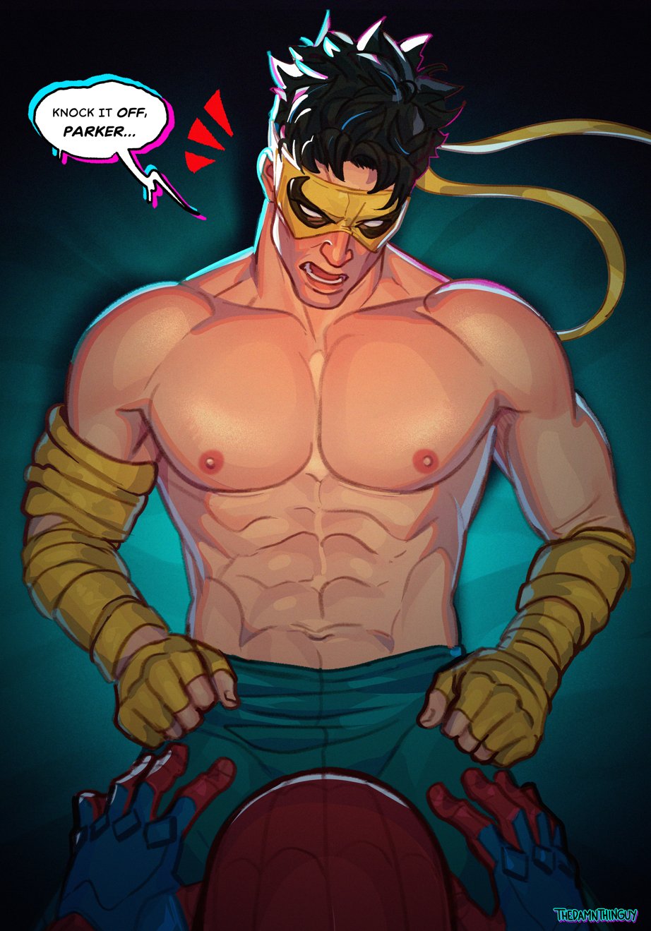 2boys abs arm_wrap bara black_hair collarbone commentary english_commentary green_pants hand_on_another&#039;s_thigh highres iron_fist_(marvel) lin_lie_(marvel) lower_teeth_only lying male_focus marvel marvel_rivals mask multiple_boys navel nipples on_back open_mouth pants pectorals short_hair spider-man spider-man_(series) spider_web_print superhero_costume teeth thedamnthinguy topless_male yaoi yellow_mask
