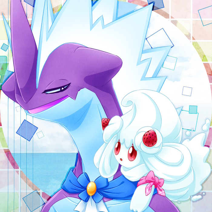 alcremie alcremie_(mint_cream) alcremie_(strawberry_sweet) black_eyes commentary_request creature eye_contact food fruit gen_8_pokemon horns kurosiro looking_at_another nintendo no_humans on_shoulder pokemon pokemon_(creature) pokemon_on_shoulder red_eyes single_horn strawberry toxtricity toxtricity_(low_key)