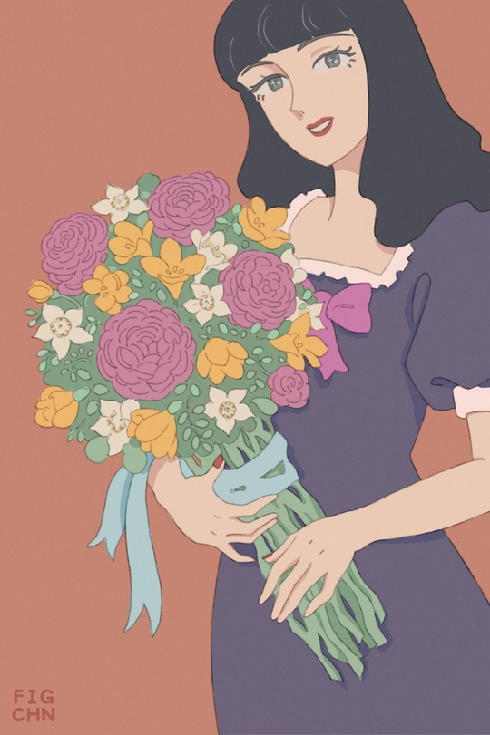 1girl artist_name blue_ribbon bouquet dress figchn flower grey_eyes holding holding_bouquet lipstick long_hair looking_at_viewer makeup oniisama_e... purple_dress red_background ribbon shinobu_mariko short_sleeves simple_background solo standing