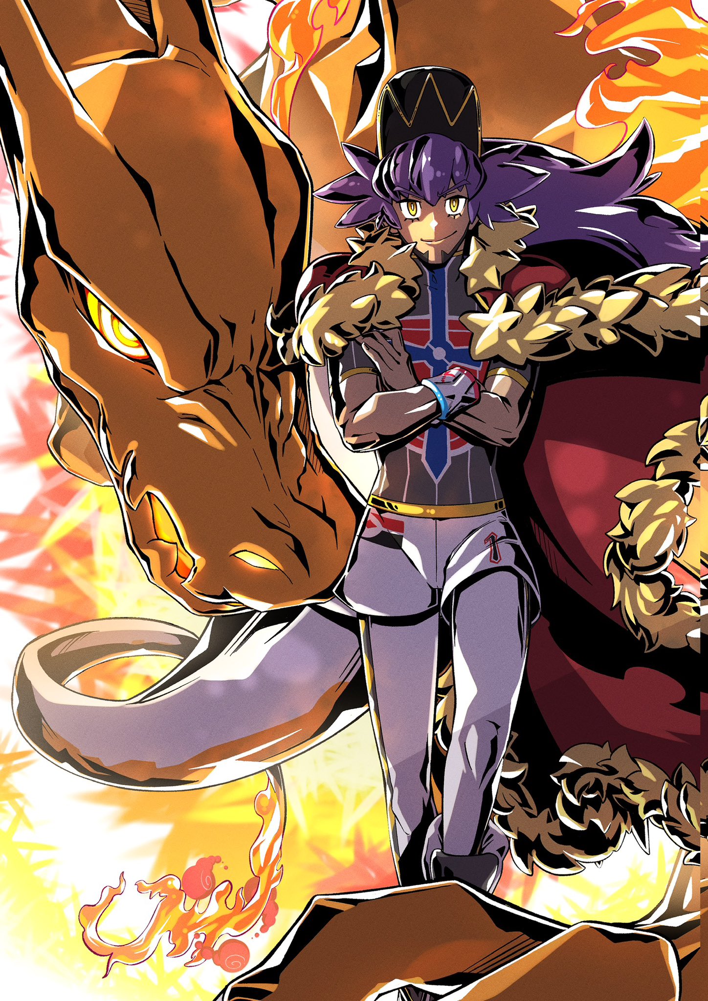 1boy baseball_cap black_hat black_shirt cape charizard colored_skin crossed_arms fiery_tail full_body gen_1_pokemon gigantamax gigantamax_charizard hat highres kakashino_kakato leon_(pokemon) lizard long_hair male_focus nintendo orange_skin pants pokemon pokemon_swsh purple_hair red_cape shirt shorts tail white_pants white_shorts yellow_eyes