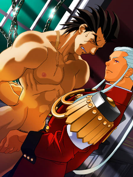 2boys bara bdsm bondage bound capcom chain crotch_grab imawano_hyou justice_gakuen kazama_daigo male_focus masanori multiple_boys nude scar shiritsu_justice_gakuen yaoi