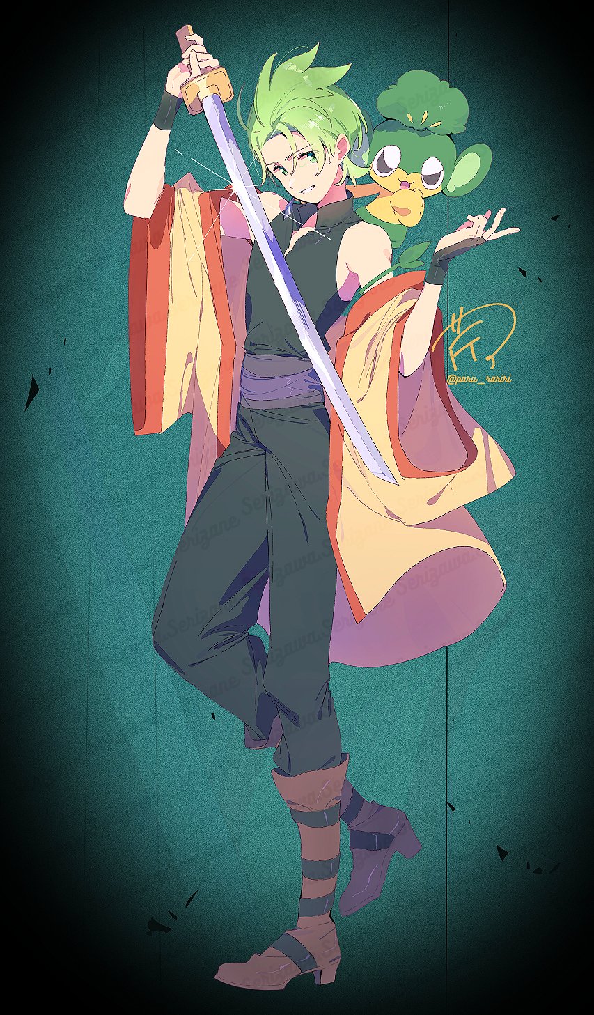 1boy alternate_costume bare_shoulders belt belt_buckle black_belt black_pants black_skirt boots brown_boots buckle cilan_(pokemon) collared_shirt commentary_request commission creature creature_on_shoulder creatures_(company) diamond_cutout full_body game_freak gen_5_pokemon gleam green_background green_eyes green_hair haori happy high_collar high_heel_boots high_heels highres holding holding_sword holding_weapon jacket jacket_partially_removed japanese_clothes katana long_sleeves male_focus multiple_belts nintendo on_shoulder open_mouth pansage pants paru_rari pokemon pokemon_(anime) pokemon_(creature) pokemon_bw_(anime) purple_sash sash shirt shoe_belt short_hair signature skirt sleeveless sleeveless_shirt smile solo spiked_hair sword teeth twitter_username vignetting waist_sash watermark weapon wide_sleeves wristband yellow_jacket
