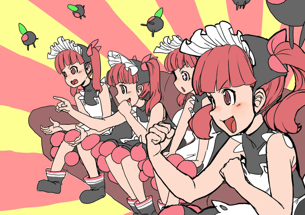 +_+ 4girls apron bare_shoulders black_dress blunt_bangs blush bonnet clenched_hand clenched_hands commentary_request couch dress gaijin_4koma_(meme) hair_ribbon higa_norio jpeg_artifacts kemurikusa kemurikusa_(object) looking_to_the_side macedonian_flag meme multicolored_background multiple_girls open_mouth pink_ribbon pointing red_background red_eyes red_hair ribbon rina_(kemurikusa) simple_background sitting sleeveless sleeveless_dress sunburst twintails v-shaped_eyebrows yellow_background