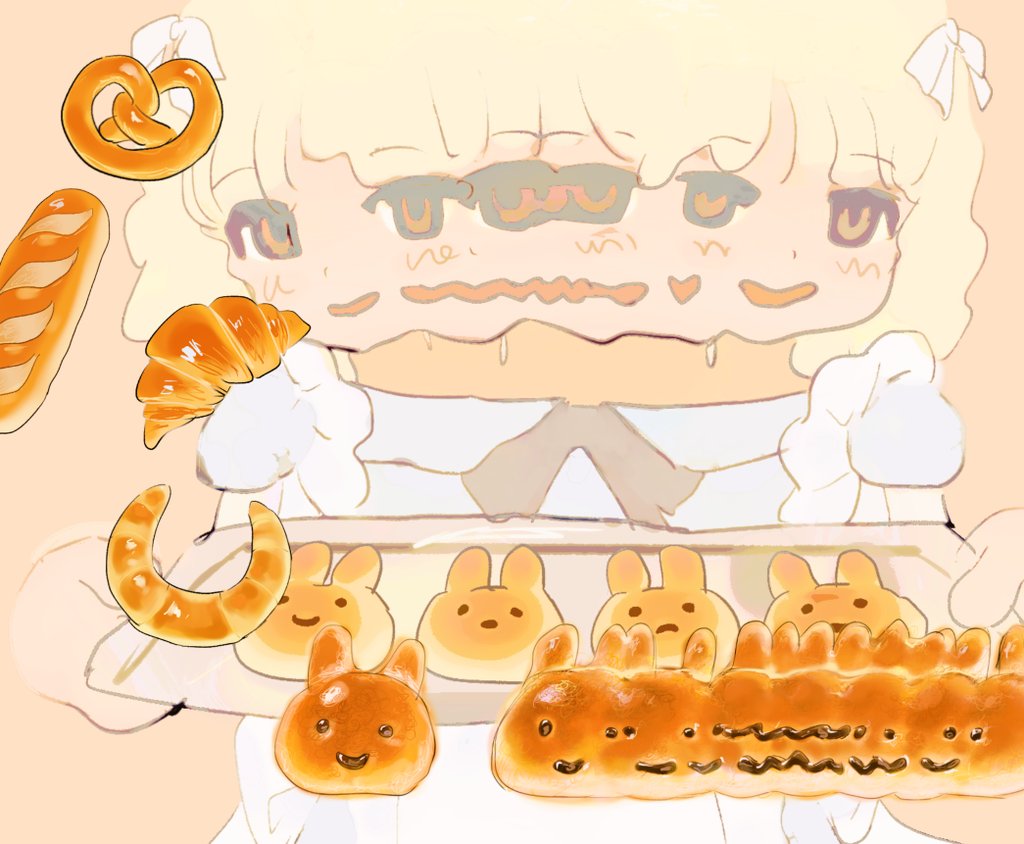 1girl animal-themed_food blonde_hair bread brown_eyes bun_(food) character_request copyright_request croissant distortion dress food hair_ribbon hands_up holding holding_tray looking_at_viewer medium_hair neck_ribbon open_mouth pastry pretzel puffy_short_sleeves puffy_sleeves ribbon short_sleeves simple_background smile solo tray white_dress white_ribbon xgshjsgha