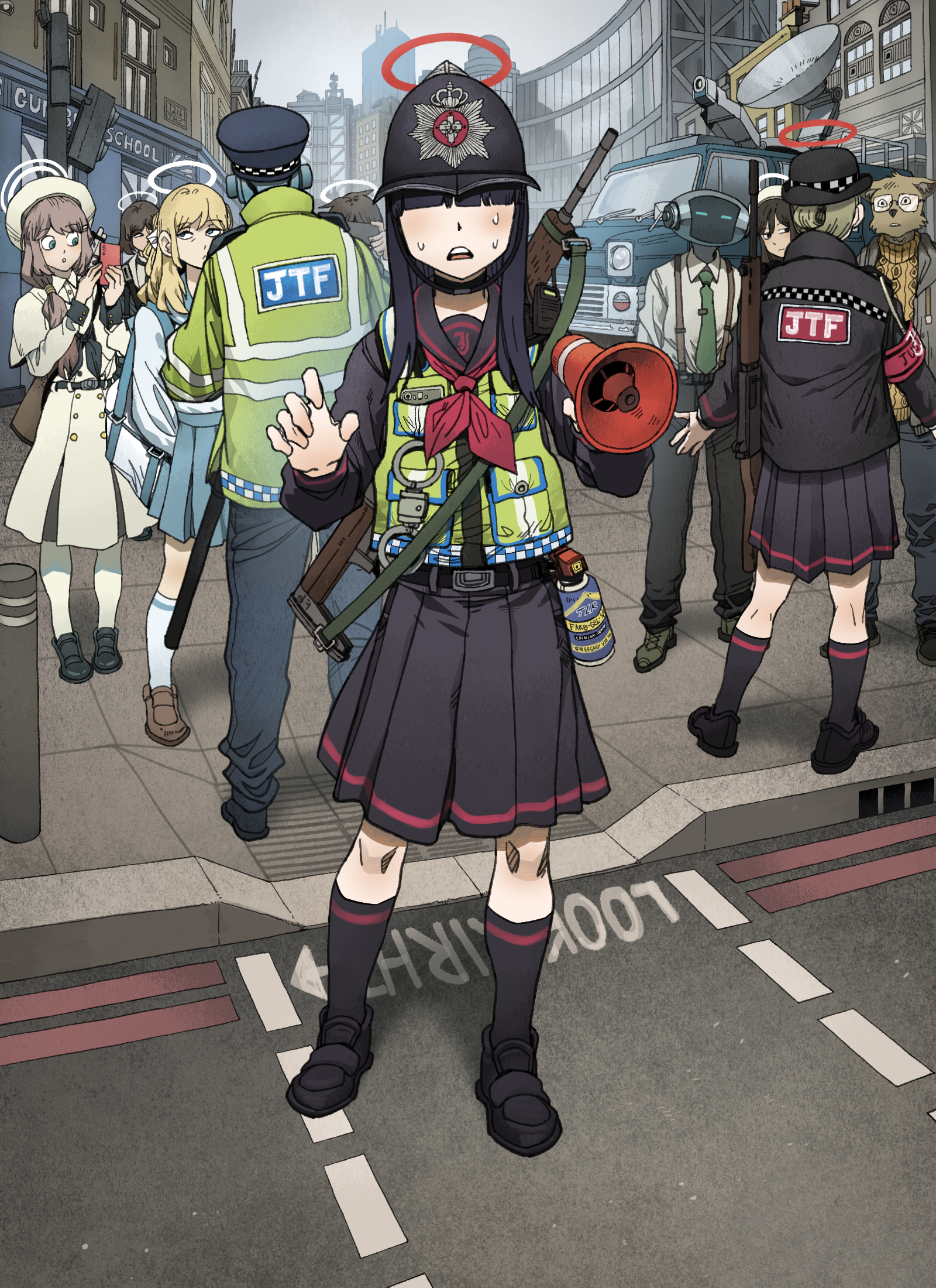 2boys 6+girls android_(blue_archive) assault_rifle battle_rifle black_shoes black_skirt black_socks blue_archive blue_skirt bowler_hat building bullpup chickenapple33 city commentary_request cuffs custodian_helmet dress em-2 fn_fal green_vest gun halo handcuffs hat high-visibility_clothing high-visibility_jacket high-visibility_vest highres justice_task_force_member_(blue_archive) korean_commentary looking_at_viewer m1_garand megaphone metropolitan_police_service motor_vehicle multiple_boys multiple_girls outdoors police police_uniform policewoman rifle robot rolling_eyes school_uniform shoes skirt socks suspenders sweat tea_party_militant_(blue_archive) trinity_student_(blue_archive) van vest weapon white_dress