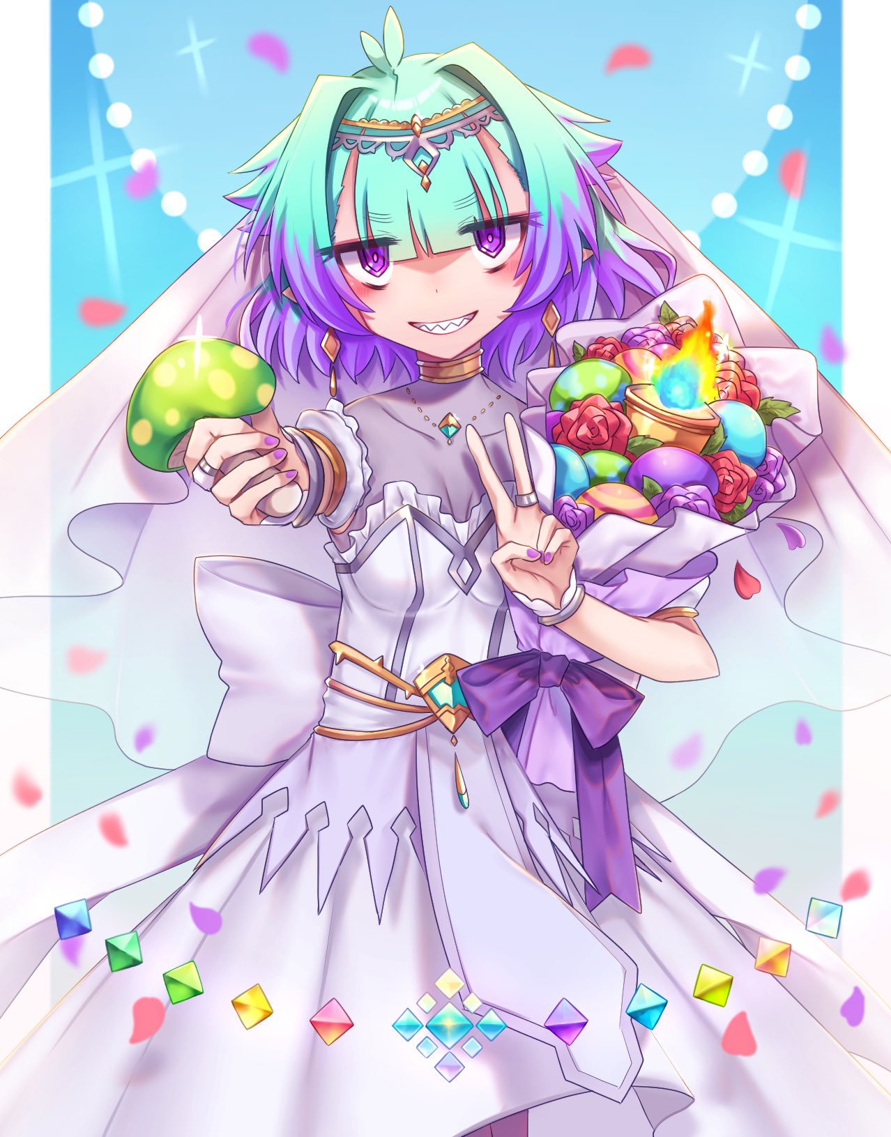 1girl alternate_costume blush bouquet breasts bridal_veil chaldean_visionary_flames dress earrings fate/grand_order fate_(series) floating_earring flower green_hair highres holding holding_bouquet holding_mushroom jewelry kibinago_(kibinago614) locusta_(fate) looking_at_viewer multicolored_hair mushroom pointy_ears purple_eyes purple_hair purple_nails sharp_teeth short_hair small_breasts smile solo teeth two-tone_hair v veil wedding_dress