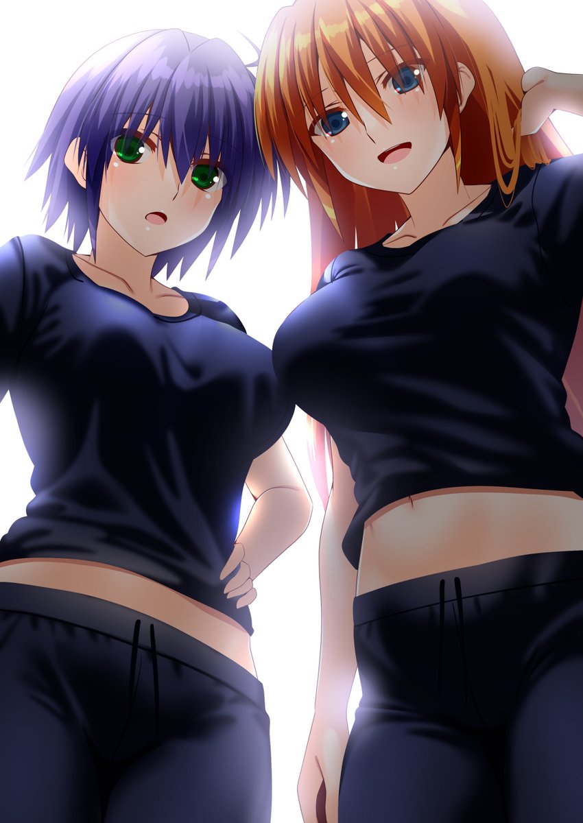 2girls ahoge black_shirt blue_eyes blue_hair breasts collarbone engo_(aquawatery) from_below green_eyes hand_on_own_hip highres large_breasts long_hair looking_at_viewer looking_down lyrical_nanoha mahou_shoujo_lyrical_nanoha_strikers midriff multiple_girls navel open_mouth orange_hair shirt simple_background smile subaru_nakajima teana_lanster white_background